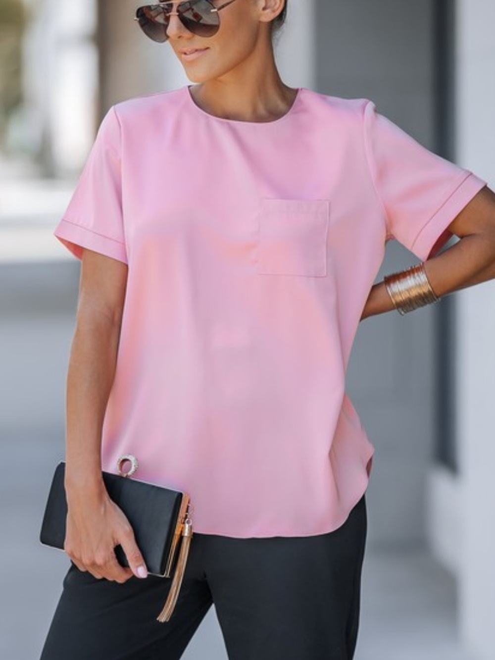ShopEvelynne Black Short Sleeve Pocket Top - Picture 2 of 4